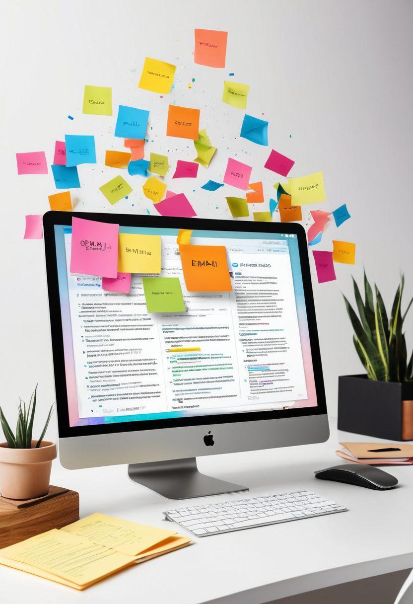 A dynamic workspace showcasing a computer screen displaying an email automation dashboard, surrounded by colorful envelopes and newsletters floating in the air. A cup of coffee sits beside the computer, with a colorful sticky note saying 'Outreach Success!' in the foreground. The scene is vibrant, conveying energy and creativity, highlighting the journey from newsletters to automated emailing. digital art. vibrant colors. clean white background.