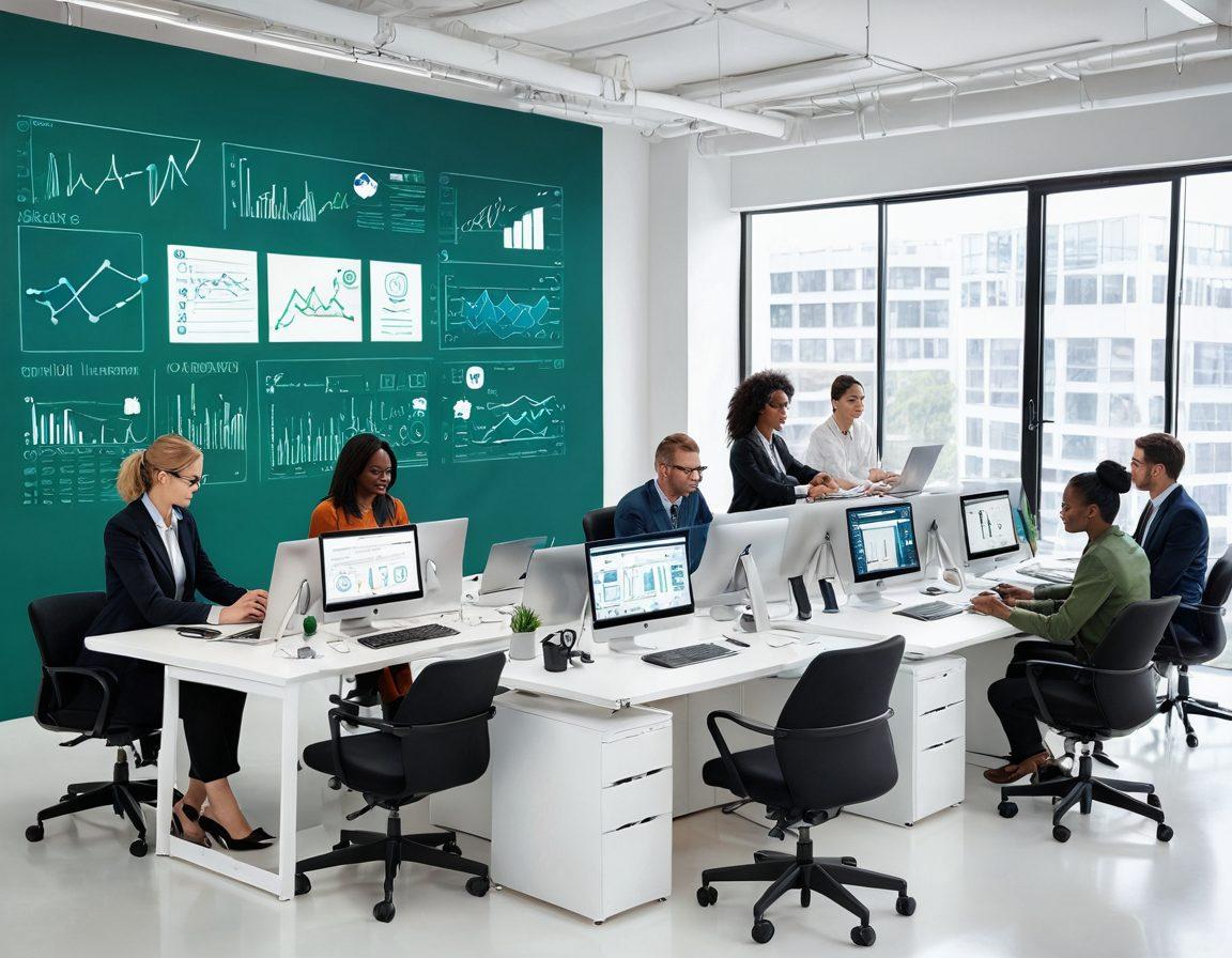 A visually engaging scene depicting a diverse group of professionals collaborating over laptops, with lively charts and graphs floating around, symbolizing email interactions. Incorporate vibrant colors to illustrate the energy of teamwork, and include icons of email tools and techniques in the background. The setting should have a modern, open-office vibe to convey innovation in communication. super-realistic. vibrant colors. white background.
