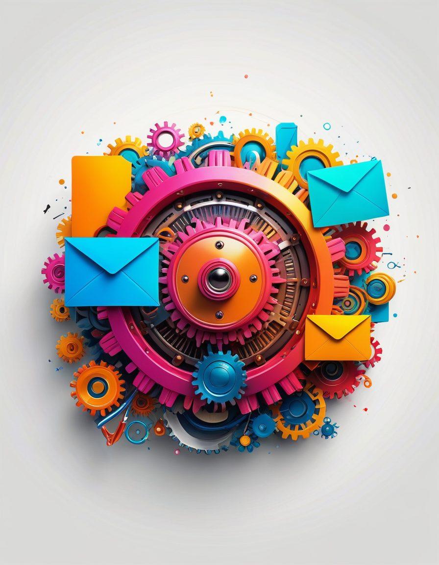 A glowing digital lock symbolizing the unlocking of email potential, surrounded by colorful envelopes representing effective email campaigns. Include tools like gears or checklists to symbolize communication effectiveness, set against a futuristic tech backdrop. Bright and inviting colors to create an engaging atmosphere. vector art. vibrant colors. white background.